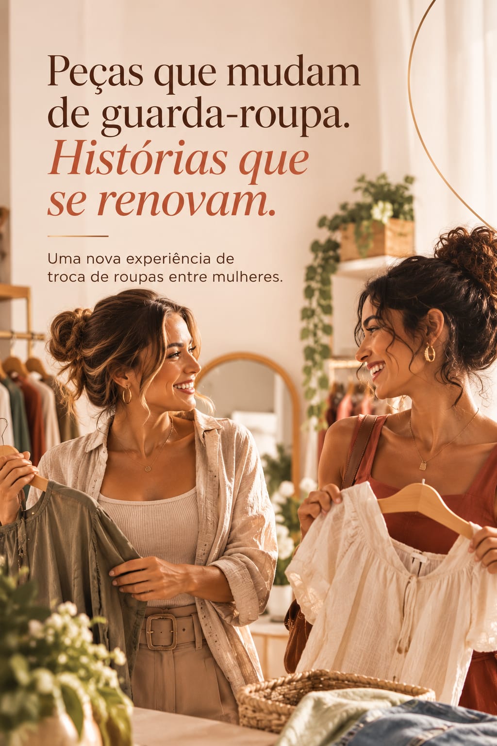 Duas mulheres trocando peças de roupa e sorrindo em um ambiente claro e acolhedor.